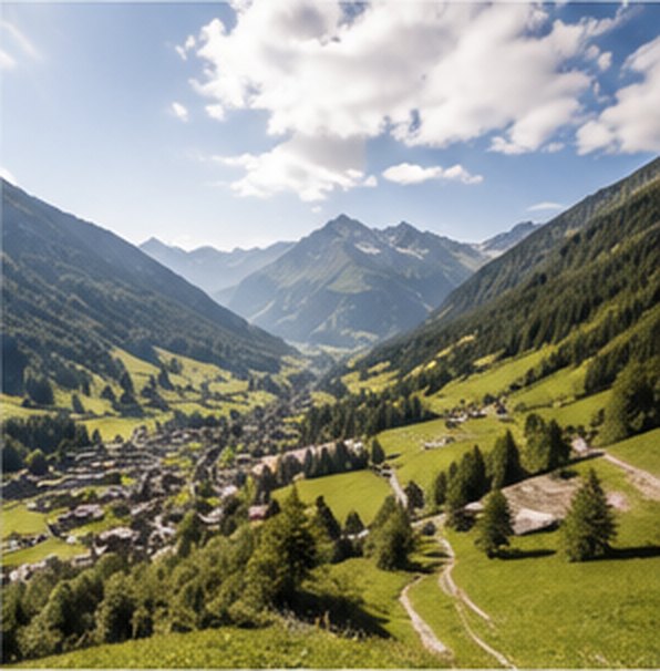 Blick über das Dorf und das Tal im Herbst